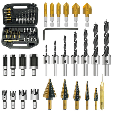 GMTOOLS 28Pcs Woodworking Chamfer Drilling Tools-Countersink Bit, Step Drill Bit Set, Wood Plug Cutter Drill Bit Set (2 Styles), 5-Flute Countersink Drill Bit, Positioning Punch and 1pc Hex Wrench GMTOOLS