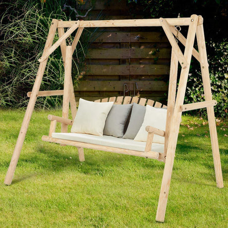 S AFSTAR Porch Swing, Outdoor Wooden Swing with A-Frame for 2 Person, Rustic Hardwood Swing Chair for Patio Garden Yard, 6.5' Wooden Swing Bench for Adult Senior Toddler, Natural S AFSTAR