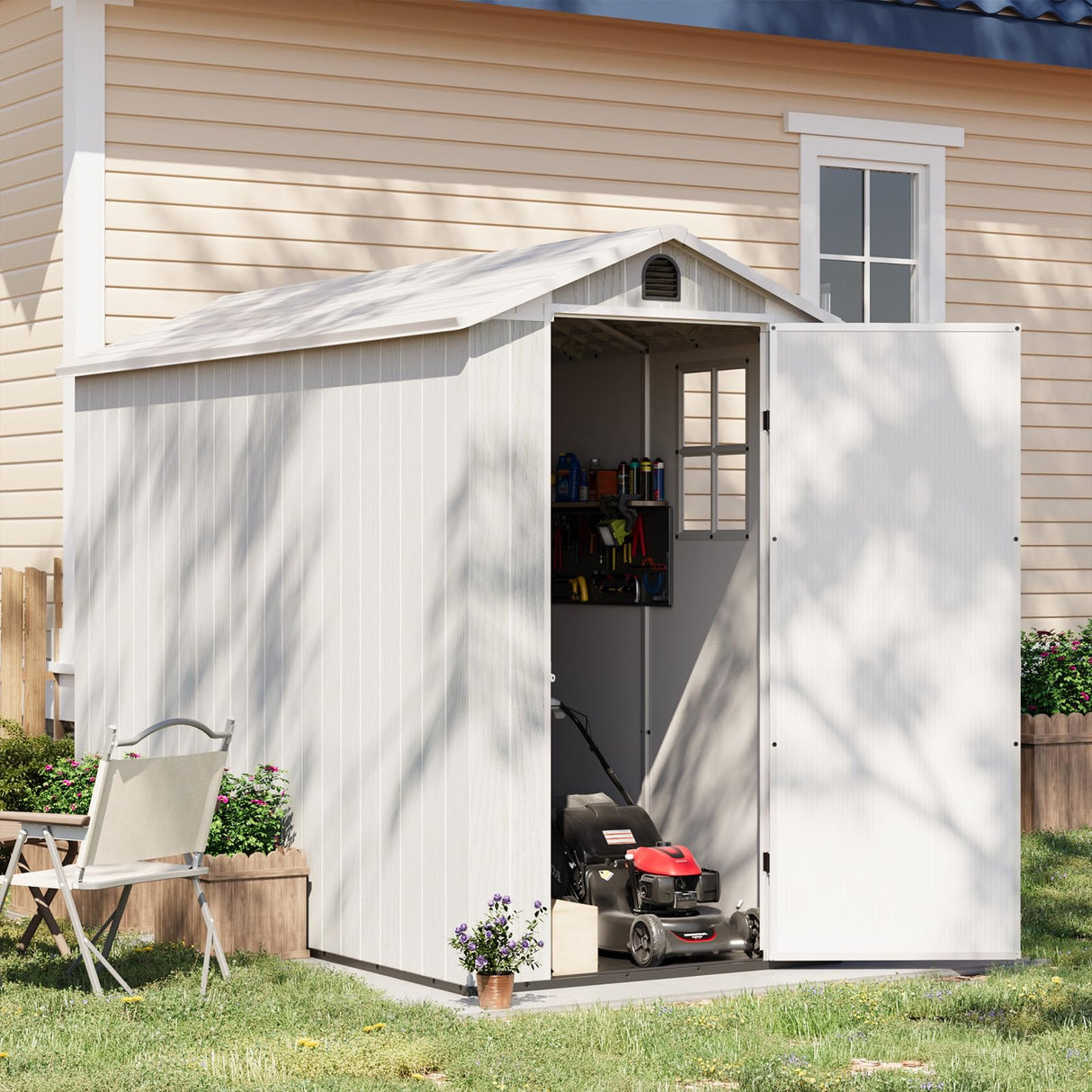Patiowell 4' x 8' Outdoor Storage Shed with Floor, Plastic Shed Outside Resin Tool Shed with Two Windows and Lockable Door for Backyard Garden Patio Lawn, White (Fit-it Shed) Patiowell