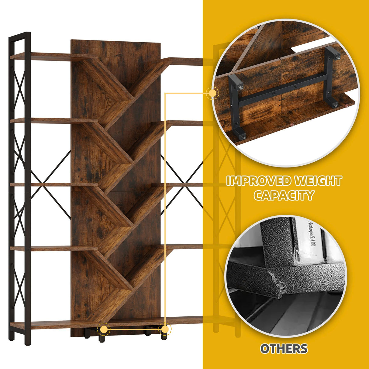 DWVO Industrial Tree Bookshelf, Large 5 Tier Bookcase Tall Standing Book Shelves Organizer Display Rack for Living Room Home Office, Rustic Brown DWVO