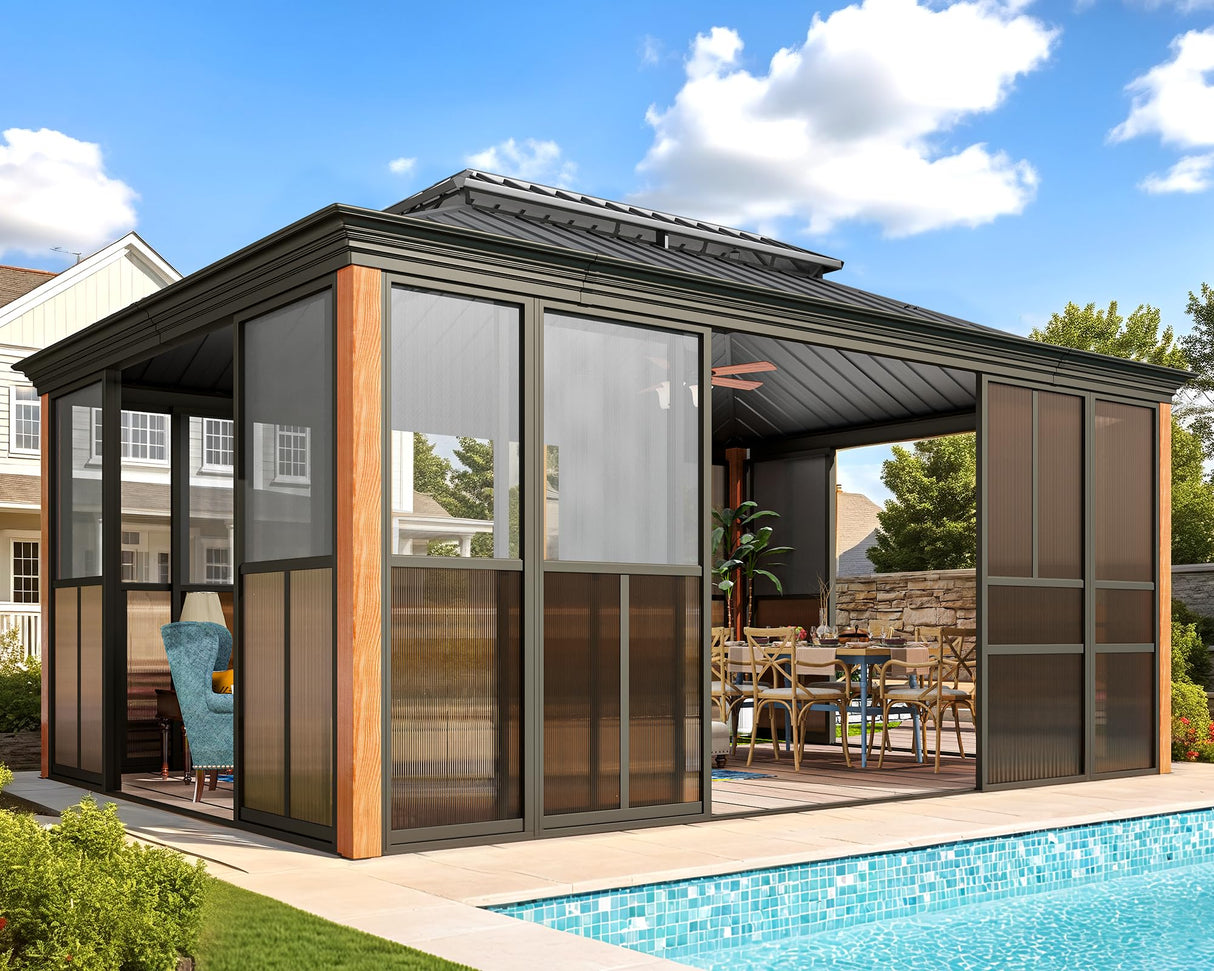 EROMMY 12'*16' Sunroom, with Front Door, Side Entrance, Galvanized Steel Double Top, Wood Grain Appearance, Aluminum Alloy Frame, Solarium Backyard Sun Room EROMMY