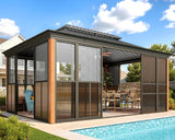 EROMMY 12'*16' Sunroom, with Front Door, Side Entrance, Galvanized Steel Double Top, Wood Grain Appearance, Aluminum Alloy Frame, Solarium Backyard Sun Room EROMMY