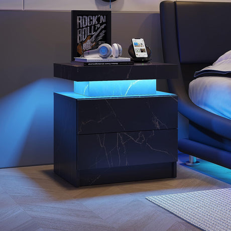 Royard Oaktree LED Nightstand with 2 Storage Drawers, Modern Bedside Table with Marble Grain Finish, 2-Tier Wood End Tables with LED Light for Bedroom/Living Room, Black Gold Royard Oaktree