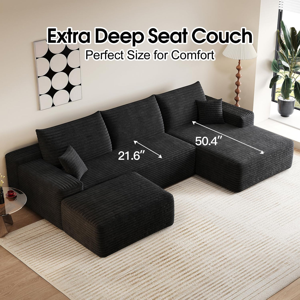 107" Comfy U-Shaped Sectional Modern Boneless Corduroy Couch with Chaise ‌and Ottoman‌ - No Assembly Required! Deep-Seat, Upholstered Modular Cloud Sofa for Living Room, Plush Corduroy Fabric(Black) COZYCC