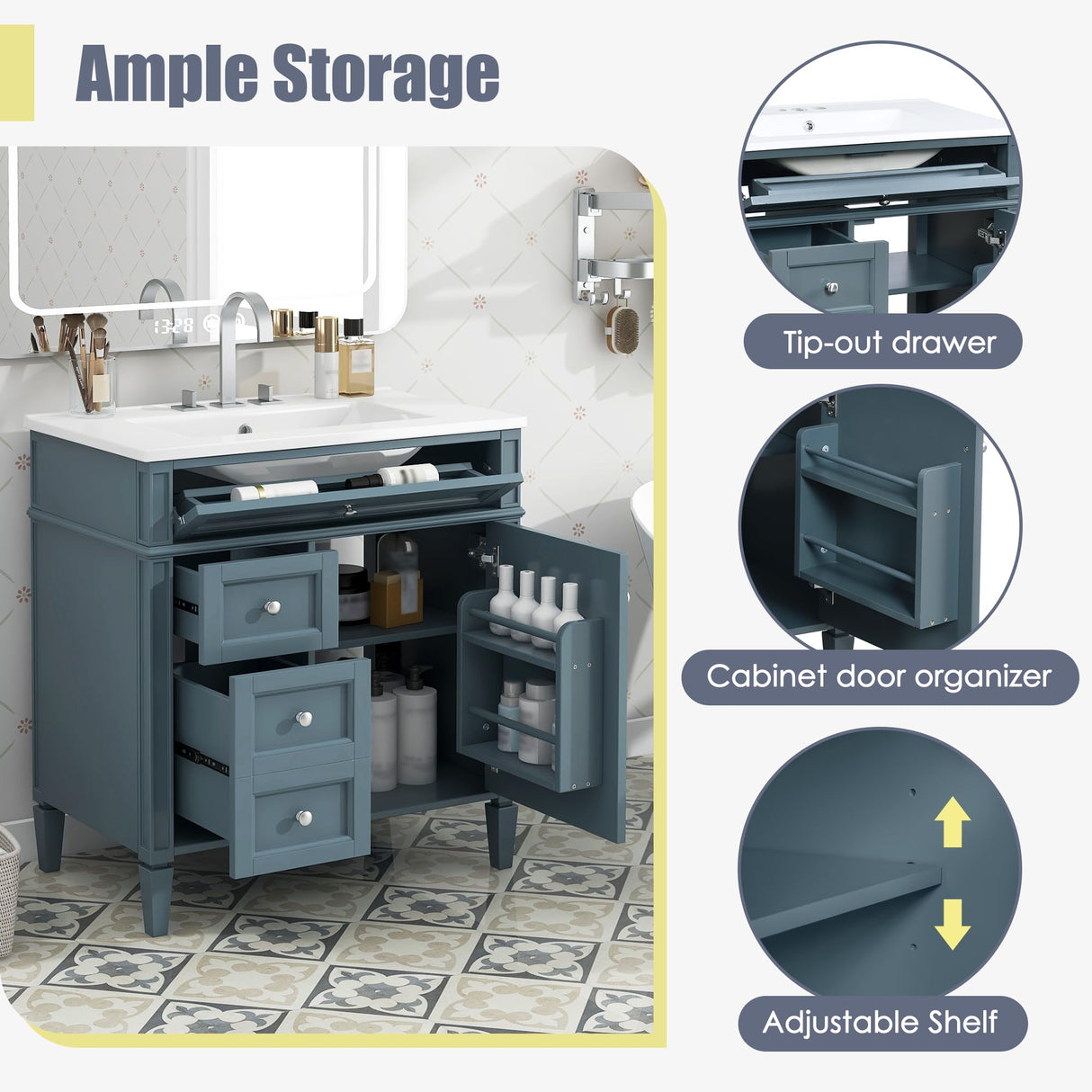 Virubi 30 Inch Bathroom Vanity with Ceramic Sink, Modern Bathroom Storage Cabinet with 3 Drawers and 1 Soft Closing Door, Solid Wood Frame Bathroom Vanities (Blue) Virubi