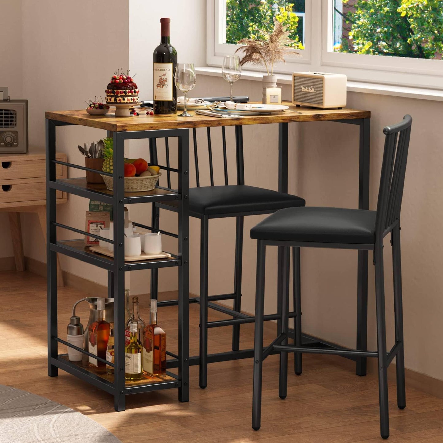 Gizoon Retro Dining Table Set for 2 with 3 Storage Shelves and PU Cushion Chairs - WoodArtSupply