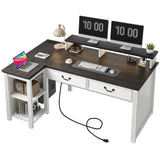 EnHomee 55" Computer Desk, L Shaped Desk with Drawers, Office Desk with Long Monitor Stand, Farmhouse Desk with Power Outlets & LED Lights, Home Office Desks for Bedroom with Storage Shelves EnHomee