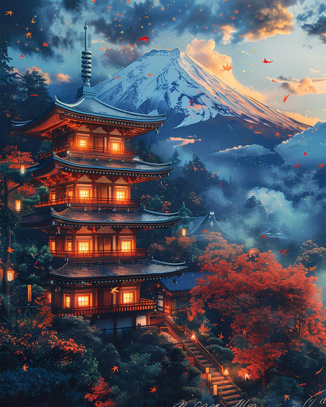 Mountain DIY Paint by Numbers for Adults, Japanese Style Cityscape Paint by Numbers Kits with Paintbrushes and Acrylic Pigment, 16X20 Inch Flameless Canvas Wall Decor Oil Painting for Friends Family TUMOVO