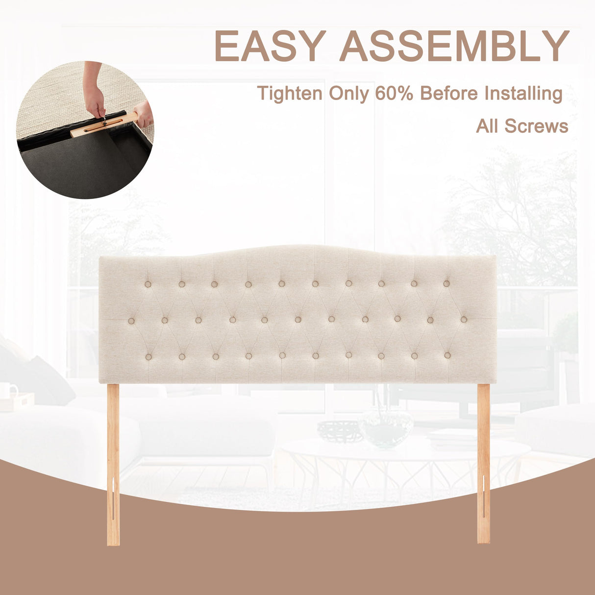 Huatean Home Tufted Upholstered Headboard Twin Size, Sturdy and Durable Solid Wood Twin XL headboard, Fabric Headboard Adjustable Height from 37” to 51”, Modern Button Diamond Design Head Board, Beige Huatean Home