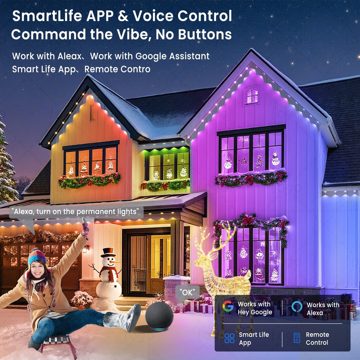 Smart Permanent Outdoor Lights for House, 49.6ft with 30 RGB+IC Smart Outdoor Lights, P67 Waterproof with DIY Scene for Halloween Christmas Decor, Remote Control, Work with Alexa, Google Assistant MFROO