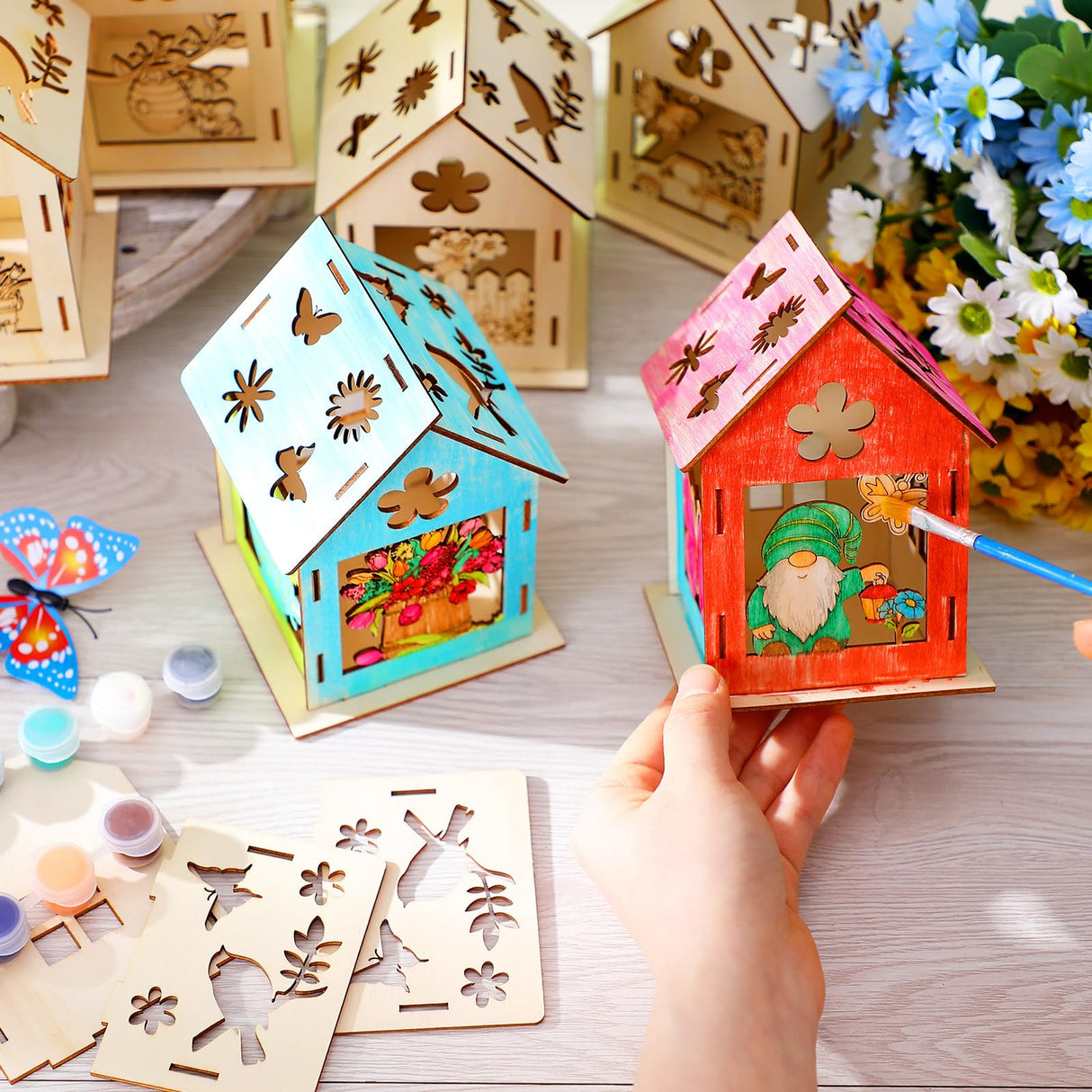 Cinnvoice 12 Sets Spring House Craft Kit to Paint DIY Birdhouse Kit Painting Puzzle Spring Wooden Houses Village Scene Festival Wood Craft House Decors for Table Centerpieces Home Cinnvoice