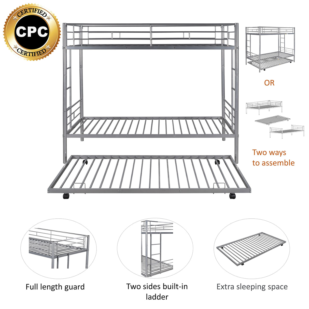 HomJoones Twin Over Twin Metal Bunk Bed with Trundle Heavy Duty Twin Size Metal Bunk Beds Frame with 2 Side Ladders Convertible Bunkbed with Safety Guard Rails,No Box Spring Needed HomJoones