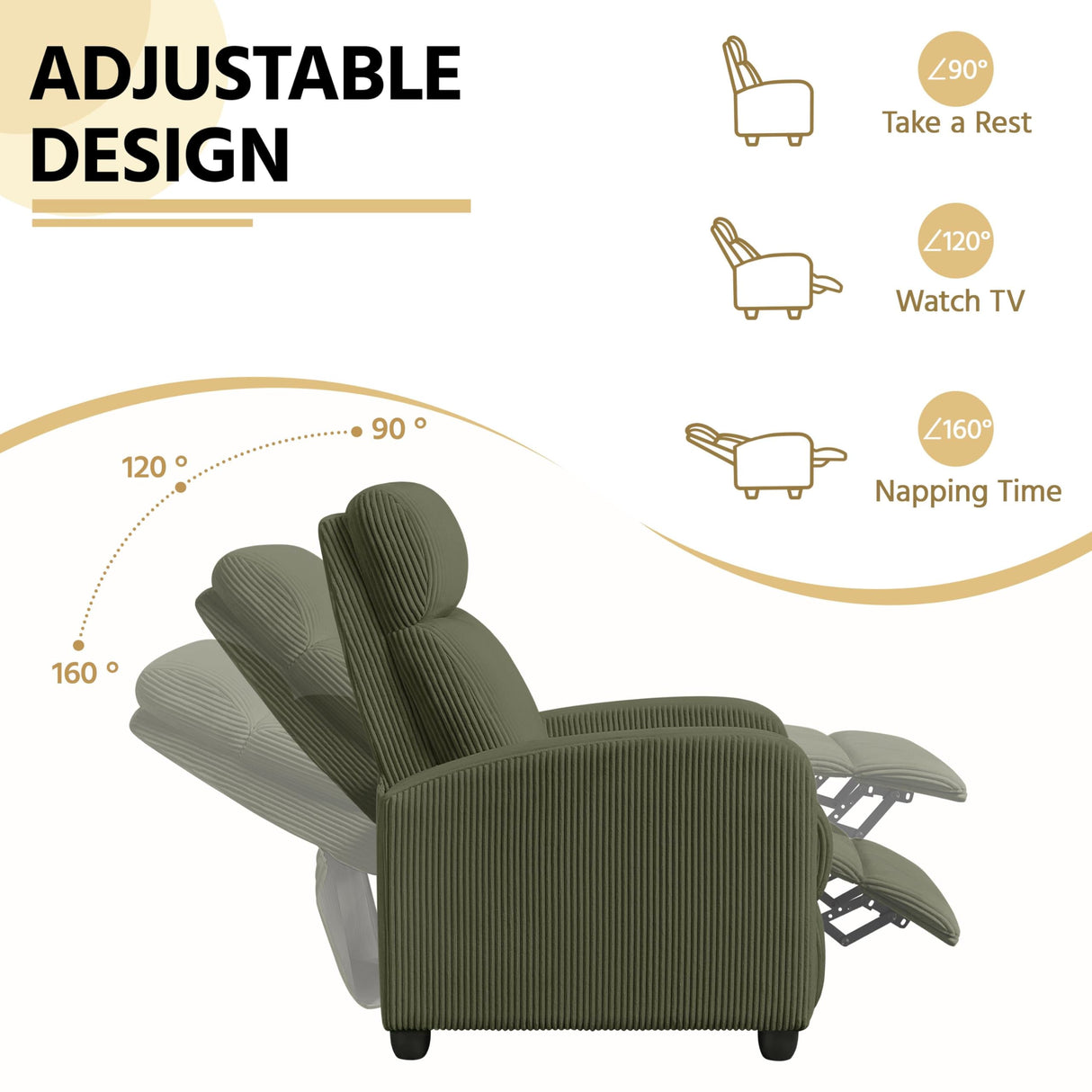 Yaheetech Corduroy Recliner Chair Single Sofa Home Theater Seating Adjustable Modern Reclining Chair for Living Room Bedroom Home Theater Dark Green Yaheetech
