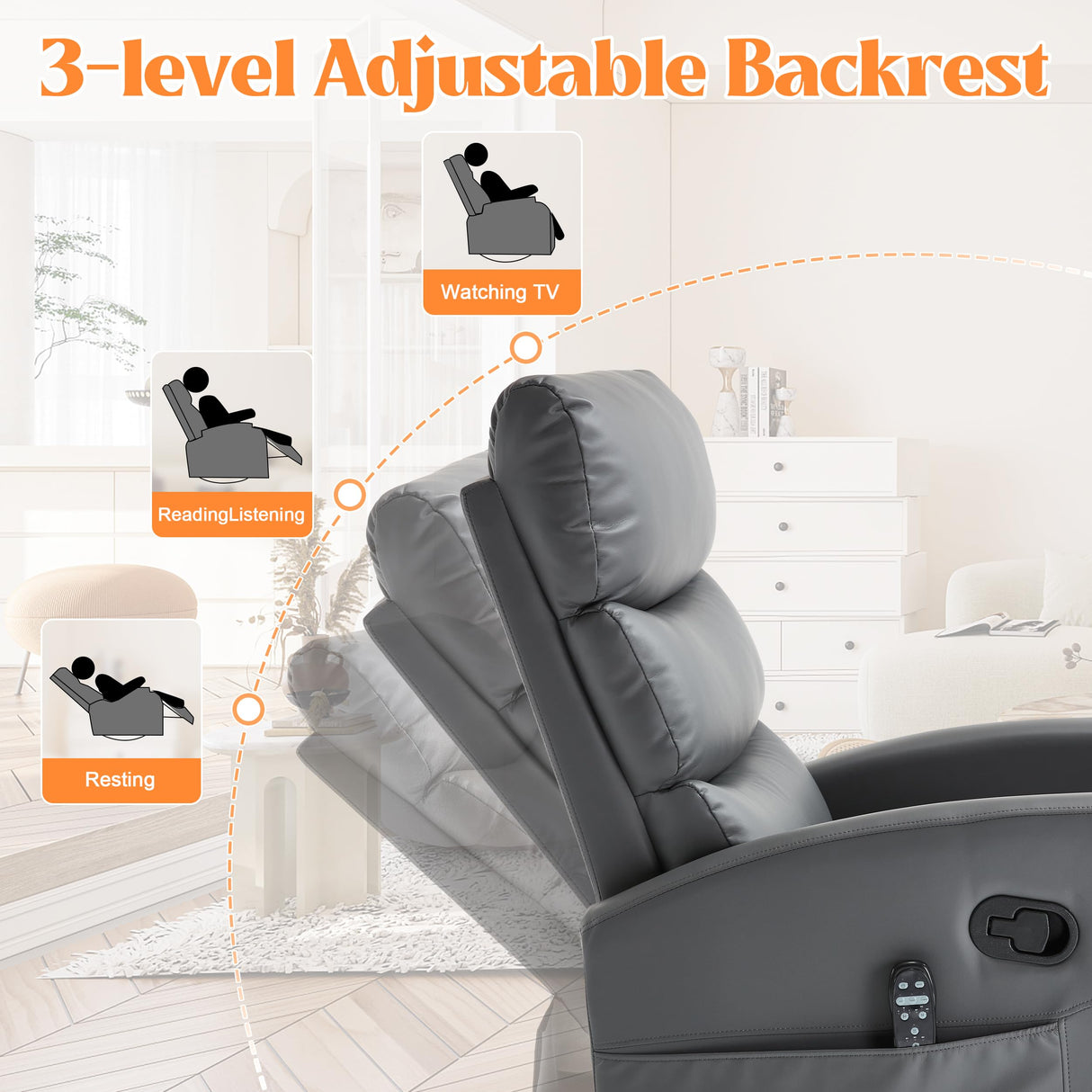 Manual Swivel Rocker Recliner Chair with Massage, Overstuffed Recliner Glider with Vibration Massage and Heat for Nursery, Living Room Reclining Sofa Chair, PU Leather Gray Luxlen