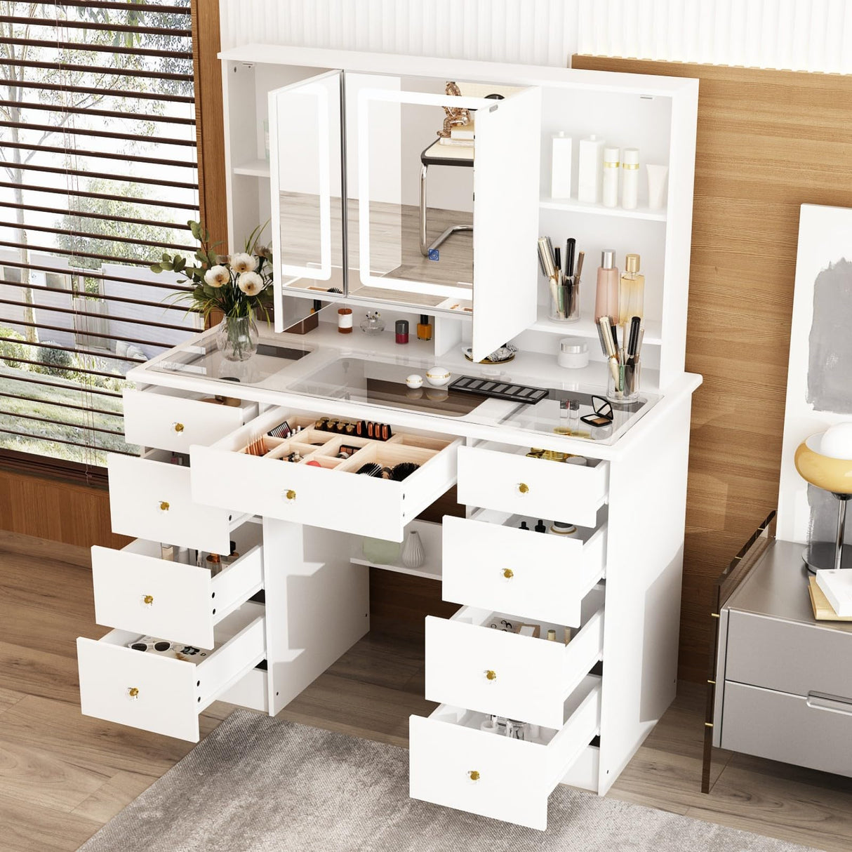 MOUMON Large Vanity Desk with Open Mirror and Glass Tabletop, Vanity Desk with Mirror and Lights, Drawers and Shelves, Crystal Handles, Cushion Stool not Included, White (43.3”W x 19.7”D x 53.6”H) MOUMON