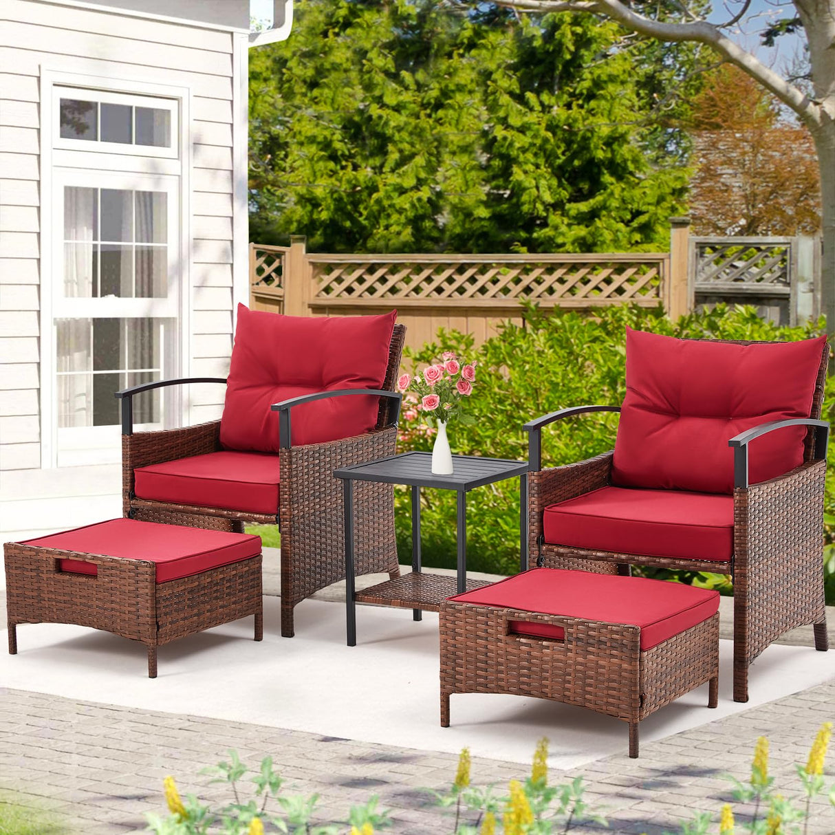 AVAWING 5 Pieces Patio Furniture Set, Outdoor Rattan Chairs with Metal Coffee Table, Ottomans & Soft Cushions, Wicker Conversation Bistro Set for Garden, Porch, Deck, Balcony (Red) AVAWING