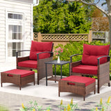 AVAWING 5 Pieces Patio Furniture Set, Outdoor Rattan Chairs with Metal Coffee Table, Ottomans & Soft Cushions, Wicker Conversation Bistro Set for Garden, Porch, Deck, Balcony (Red) AVAWING