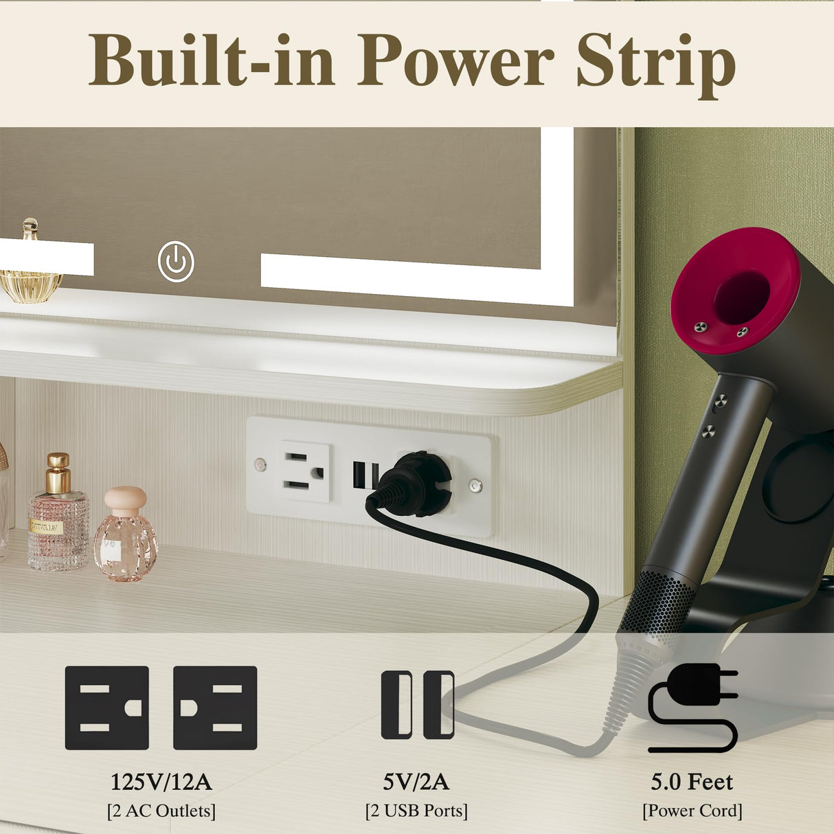 HUAHUU Small Vanity Desk with Mirror and Lights, Makeup Vanity with Fabric Storage Drawer, Chair and Three Shelves, White Vanity with Power Outlet and Fold-up Panel, Bedroom HUAHUU