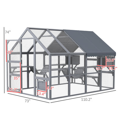 PawHut 9.2' Catio, Outdoor Cat Enclosure House, Wooden Feral Cat Shelter with Condos, UV and Waterproof Canopy, Suspension Bridges, Platforms & Multiple Doors for 3-6 Cats, Gray - WoodArtSupply