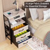SZLHANJZ End Table with 3 Drawers, Night Stand with Charger Station and LED Lights, Small Nightstand with Fabric Storage, Farmhouse Side Table for Bedside, Living Room, Dorm, Greige SZLHANJZ