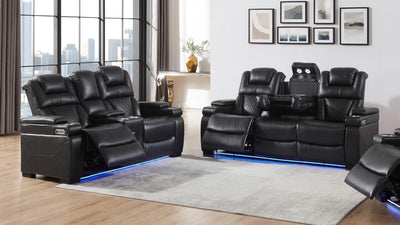 THSUPER Power Breathable Leather Reclining Sofa and Loveseat Set with LED Light, Home Theater Seating Recliner Couch with Adjustable Headrest/Reading Light/USB Port/Bluetooth Speaker, Black