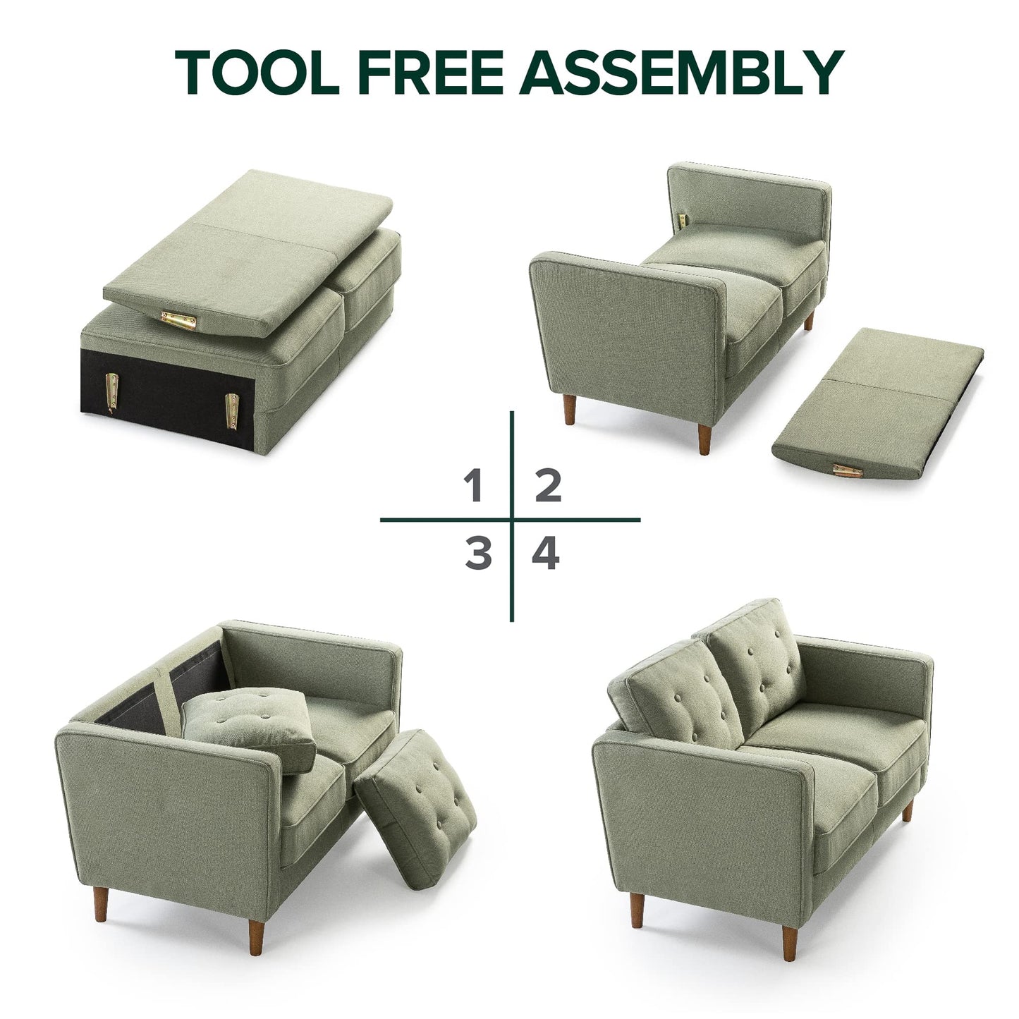 ZINUS Lauren Loveseat, Button Tufted Cushions, Easy, Tool-Free Assembly, Pear Green