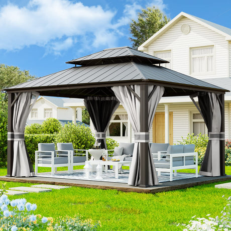 UDPATIO 12' x 14' Hardtop Gazebo, Galvanized Steel Double Roof Permanent Aluminum Gazebo, Outdoor Metal Pergolas with Mosquito Netting and Curtains for Garden, Parties, Patio, Deck, Lawns, Grey UDPATIO