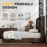 HOWE King Size Wood Platform Bed Frame with 51.2" Bookcase Headboard, Storage Bed with Sliding Barn Door Charging Station 2 Drawers, No Box Spring Needed/Farmhouse/Brown HOWE