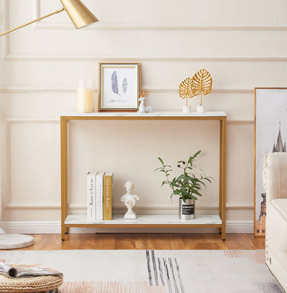 loglus Console Table for Entryway, Faux Marble MDF Sofa Table with Golden Frame (Double Layer, White Marble) - WoodArtSupply