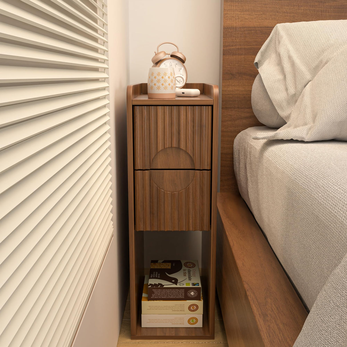 Narrow Fluted Nightstand Set of 2, Wooden Small 2 Drawer Nightstand, Slim Side End Table, Vintage Bedside Table, Mid Century Modern Night Stand with Drawers, for Living Room, Bedroom, Walnut Jluomei