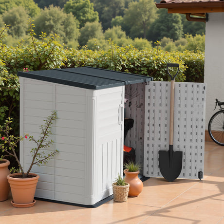 TUOZE 34 Cu Ft Resin Storage Shed with 2 Shelves, Waterproof Outdoor Storage Cabinet with Sloping Roof & Lockable Lid for Garden Tools, Trash Cans (Beige) Tuoze