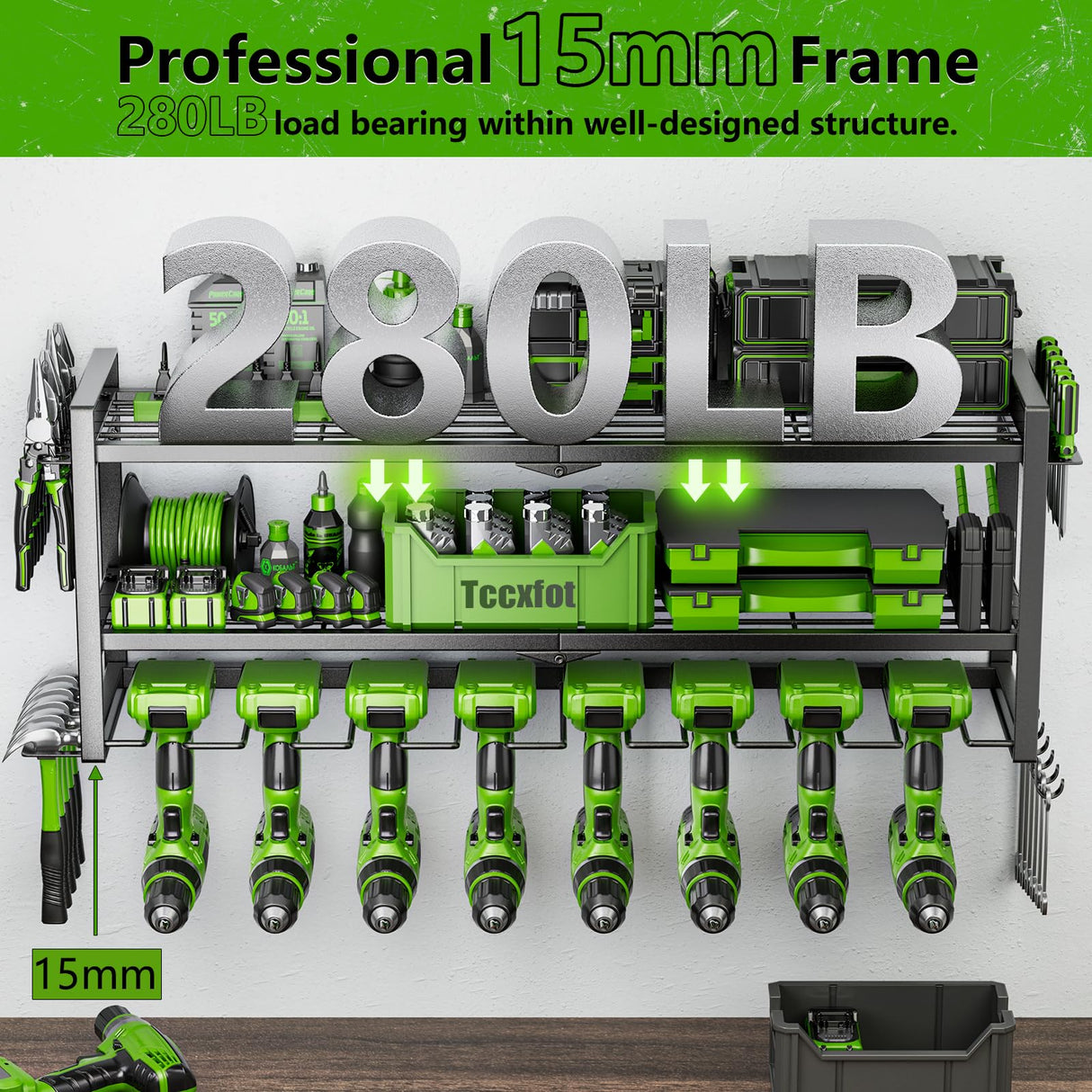 Power Tool Organizer for Tool Storage, 3 Layer 8 Drill Holder Wall Mount, Tool Holder and Storage Rack for Garage Organization, Large Heavy Duty Metal Tool Shelf, Easy Install Utility Storage Rack Tccxfot