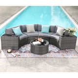 SUNSITT Outdoor Patio Furniture Sectional 7-Piece Half-Moon Curved Outdoor Sofa Set with Round Coffee Table, 4 Pillows & Waterproof Cover, Grey Rattan SUNSITT