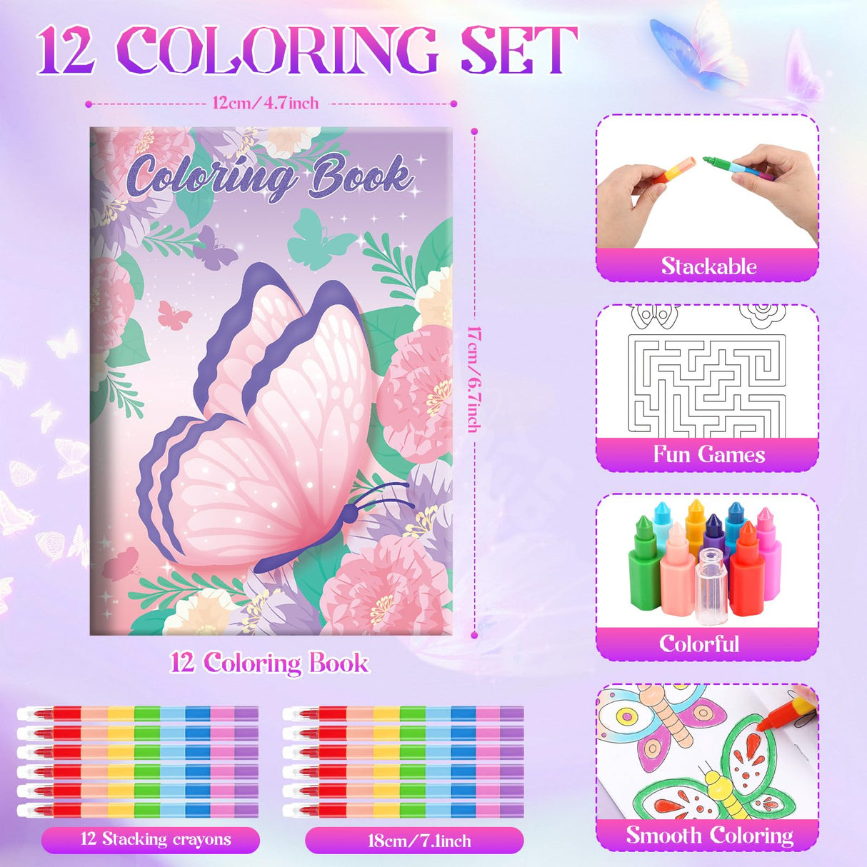 BenLouis 12 Butterfly Mini Coloring Books Kids with 12 Stacking Crayons Butterfly Theme Party Favors Small Activity Books Bulk for Kids Spring Fairy Birthday Party Gift Goodie Bag Stuffers BenLouis