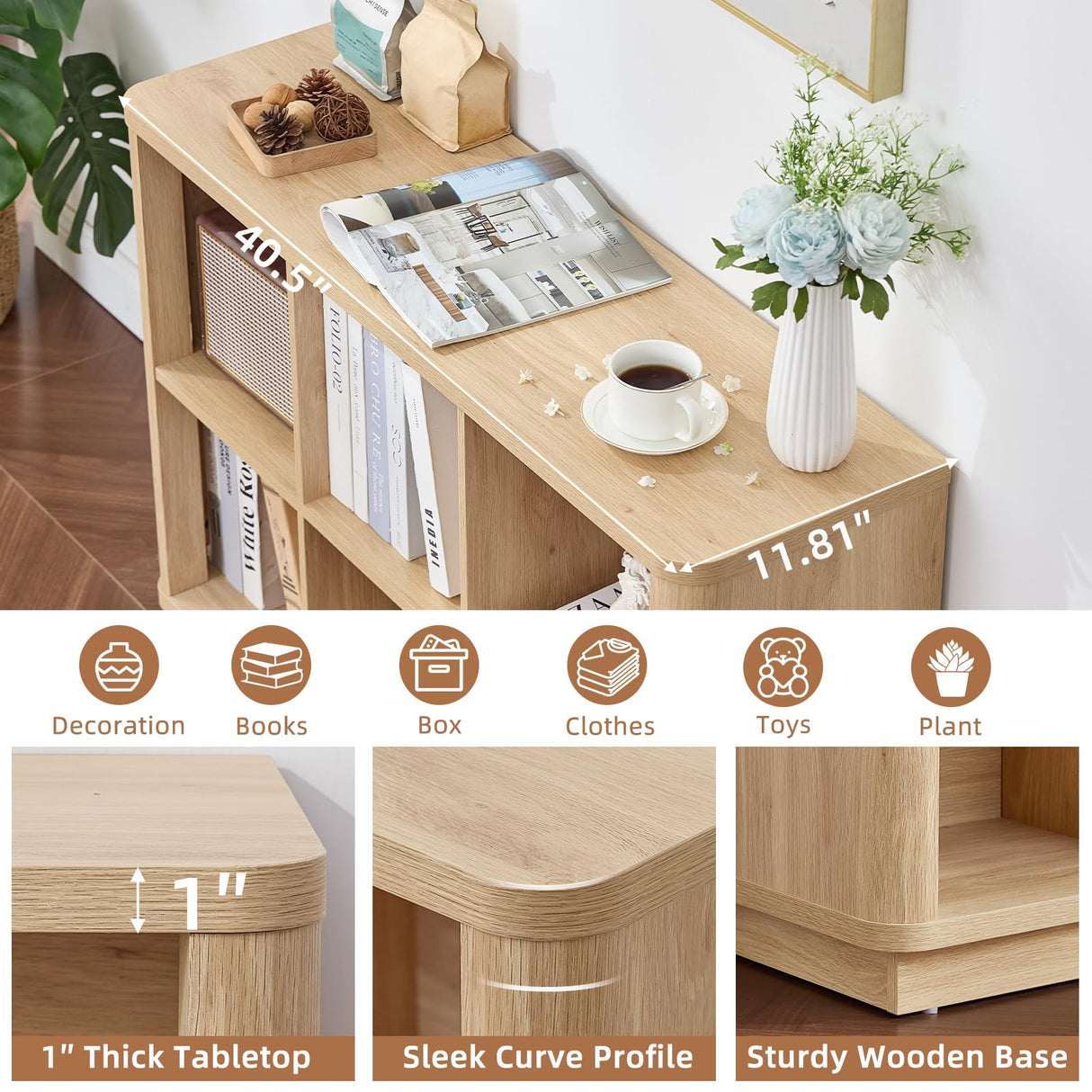 Joaxswe 6 Cube Storage Book Shelf, 40" Wide Low Horizontal Bookcase with Curved Edge, Floor Standing 2-Tier Wooden Bookshelf with Base, Modern Short Book Case for Bedroom, Study, Entryway, Natural Oak Joaxswe