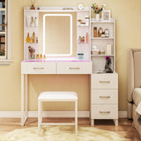 HUAHUU Vanity Desk with Mirror and LED Lights, 57.5" Makeup Vanity with Glass Top & Wireless Charging, Vanity with RGB Drawers, 3 Colors Light, Power Outlet Safety Switch for Bedroom, White HUAHUU