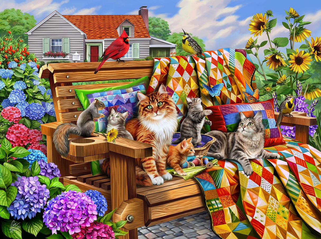 SUNSOUT INC - Cats and Quilts - 1000 pc Jigsaw Puzzle by Artist: Eva Nikolskaya - Finished Size 20" x 27" - MPN# 70808 SunsOut