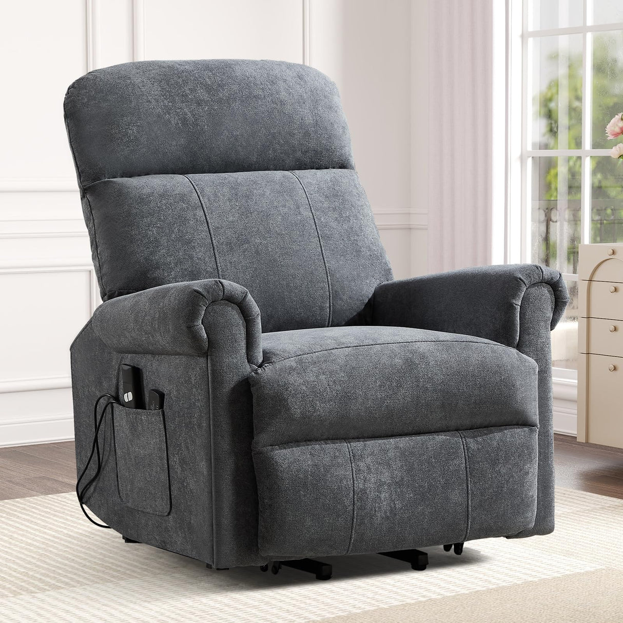 HAOMARKETS Power Lift Recliner Chair with Massage and Heat for Elderly, Electric Recliners with Remote Control,Soft Fabric Upholstered Reclining SingeSofa with Side Pocket for Living Room, Grey HAOMARKETS