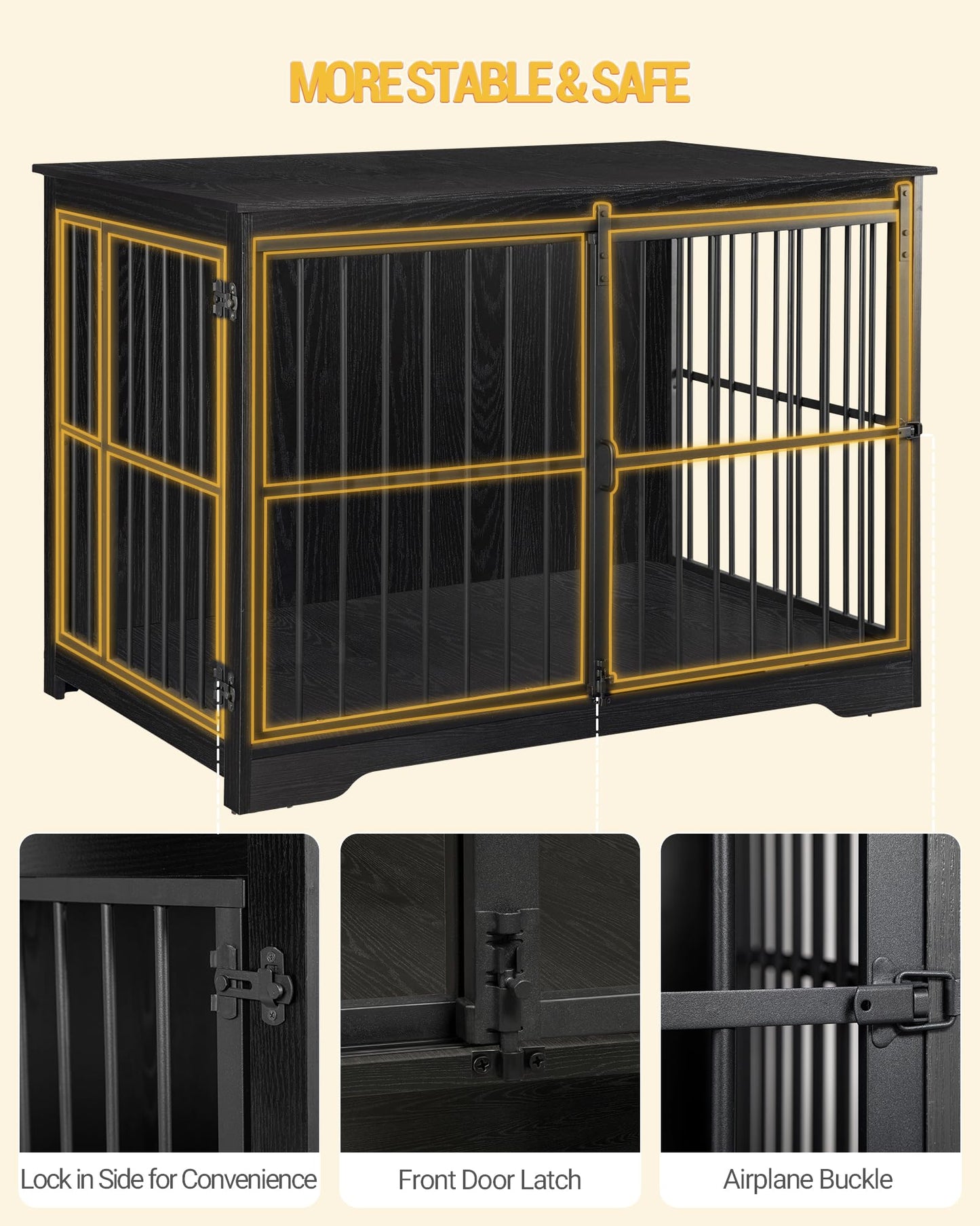 Hzuaneri Dog Crate Furniture, 44.1" Double Door Dog Crate with Barn Door, Dog Kennel Indoor, End Side Table Wooden Dog Crate for Small Medium Large Dog, Anti-Chew Anti-Escape, Black