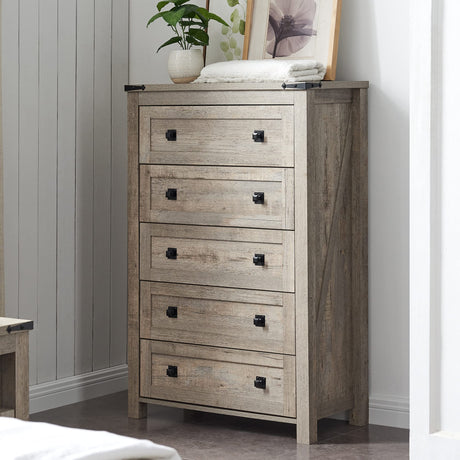 T4TREAM Farmhouse 5 Drawers Dresser Chests for Bedroom, Wood Rustic Tall Chset of Drawers,Dressers Organizer for Bedroom, Living Room,Hallway, Light Rustic Oak T4TREAM