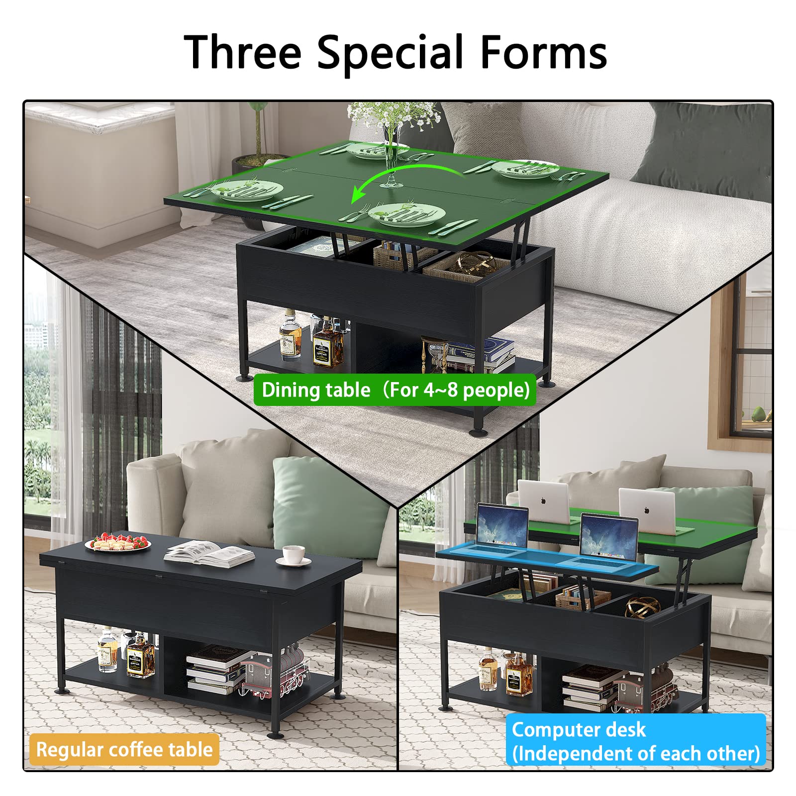 cosimates Lift Top Coffee Table ，4 in 1 Multi-Function Coffee Table with Hidden Compartment ，Modern Lift Tabletop Dining Table for Living Room Reception/Home Office, Black - WoodArtSupply