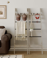 Hzuaneri Blanket Ladder Shelf for Living Room, Decorative Quilt Rack with 4 Removable Hooks, 5-Tier Farmhouse Ladder Holder Organizer for Bedroom, Greige and Black BR02105B Hzuaneri