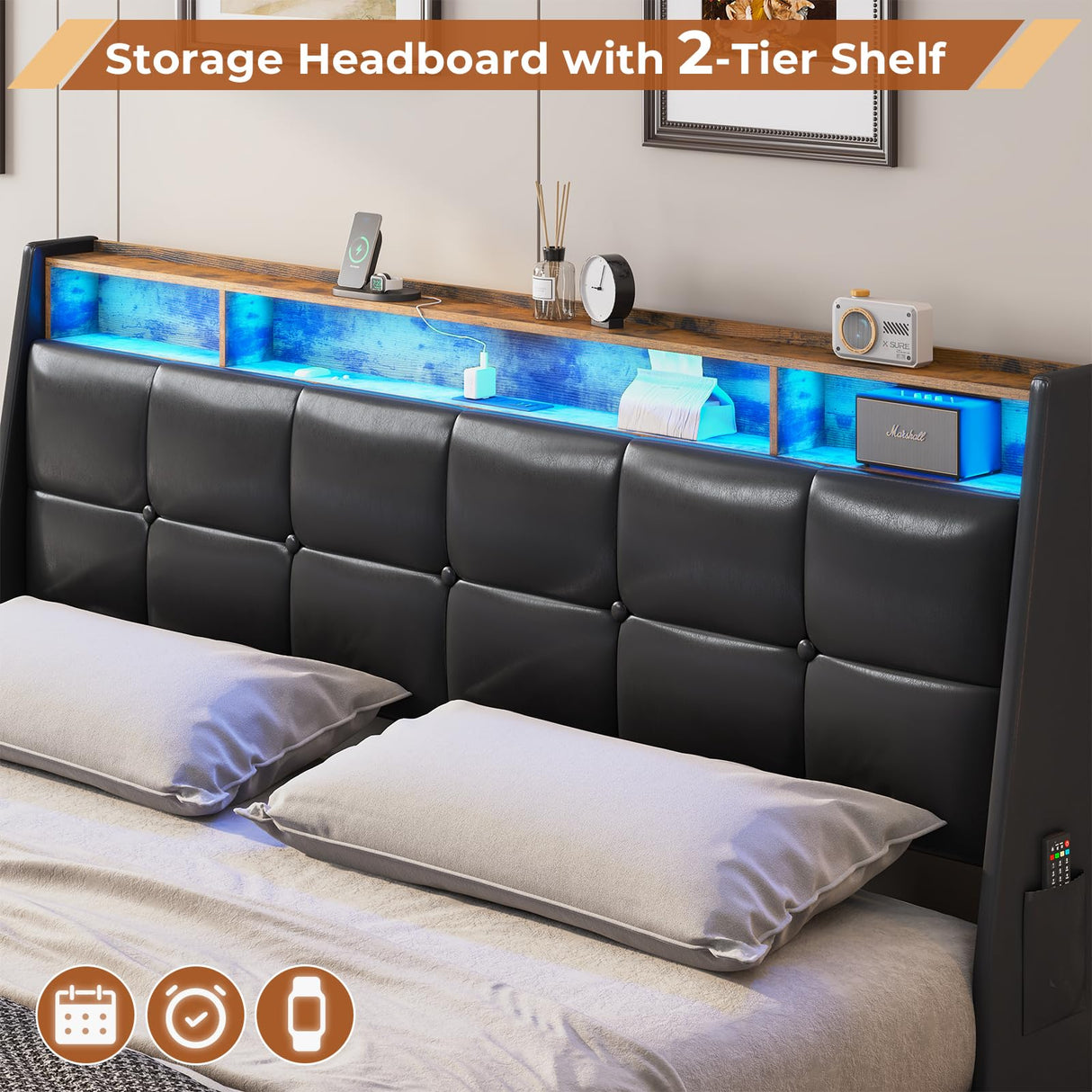 MSmask King Size Bed Frame with LED Lights, Storage Drawers, Charging Station & Wingback Headboard MSmask