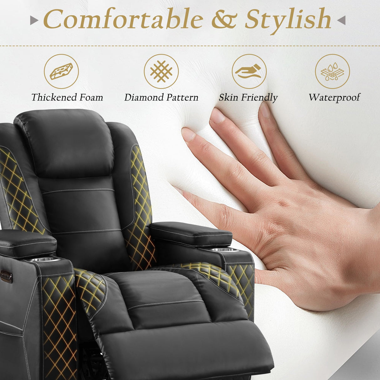 TUNYI Home Theater Recliner Chair - Power Recliner Sofa Chair with Adjustable Headrest Faux Leather Reclining Chair with USB/Storage/LED Light/Cup Holder (Black, 1 PC) TUNYI