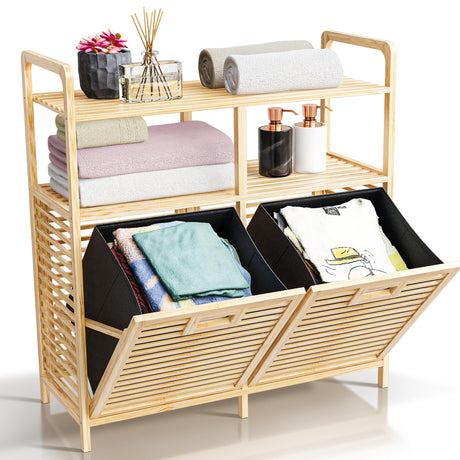 TidyHub Double Tilt Out Laundry Hamper with Shelf - Durable Bamboo Hamper with 2 Removable Laundry Liner Fabrics, Easy Grab Handle & Manual - Pull Out Laundry Hamper Cabinet for Clothes Towels Toys TidyHub