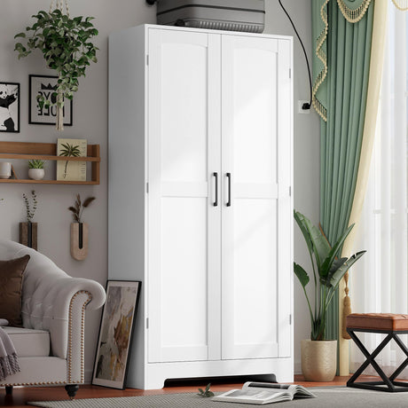 Wooden Armoire Wardrobe Closet, Wardrobe Cabinet with Door and Shelves, Freestanding Bedroom Armoires Clothing Storage Cabinet with Hanging Rod for Bedroom, Laundry Room, Cloak Room（White） Honsiva