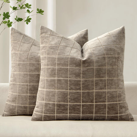 MIULEE Decorative Chenille Check Throw Pillow Covers Vintage Plaid Couch Pillows 18x18 Inch Set of 2 Neutral Boho Farmhouse Cushion Covers Modern Home Decor for Sofa Bed Living Room Taupe Grey MIULEE