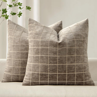 MIULEE Decorative Chenille Check Throw Pillow Covers Vintage Plaid Couch Pillows 18x18 Inch Set of 2 Neutral Boho Farmhouse Cushion Covers Modern Home Decor for Sofa Bed Living Room Taupe Grey
