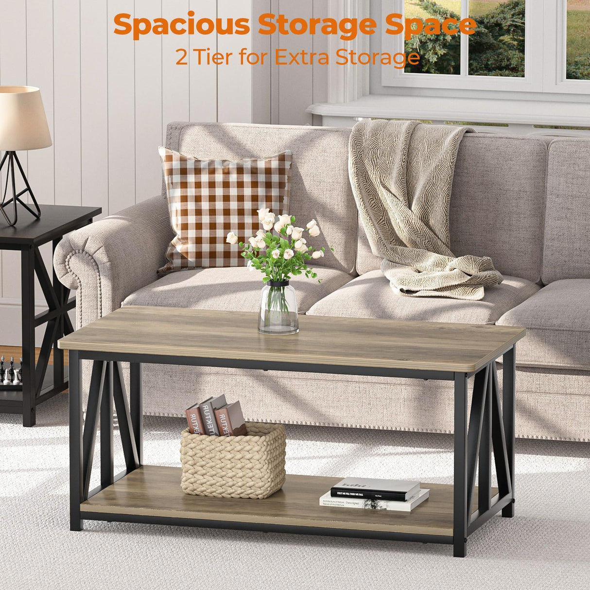 SOROGRA Coffee Table for Living Room with Round Corners, 2 Tier Modern Farmhouse Center Tables with Storage Shelf, 39 Inch Small Table for Sofa Home Office, Grey Wash SOROGRA