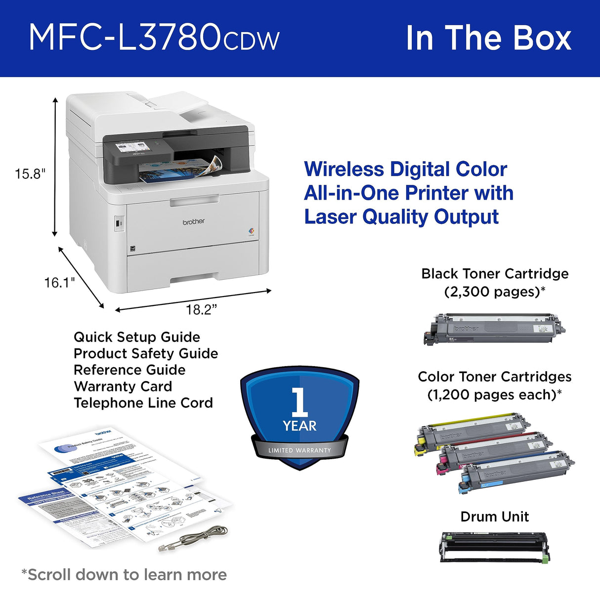Brother MFC-L3780CDW Wireless Digital Color All-in-One Printer with Laser Quality Output, Single Pass Duplex Copy & Scan | Includes 4 Month Refresh Subscription Trial ¹ Amazon Dash Replenishment Ready Brother